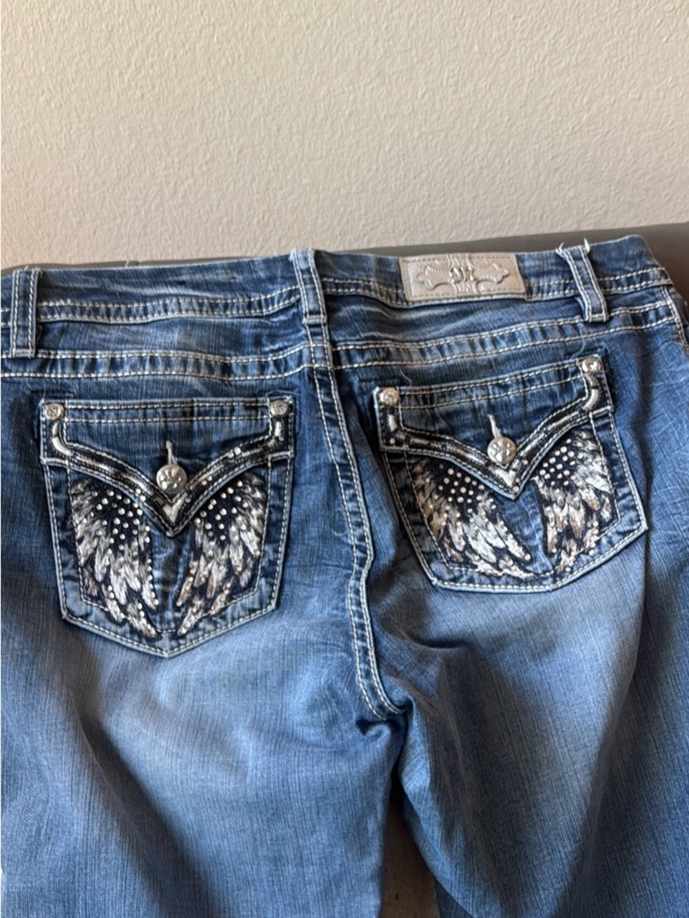 Miss Me Blue Boot Cut Jeans with Winged Embellished Pockets